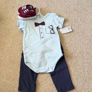 Light Blue Bow-Tie Graphic Baby Matching Set with Navy Pants